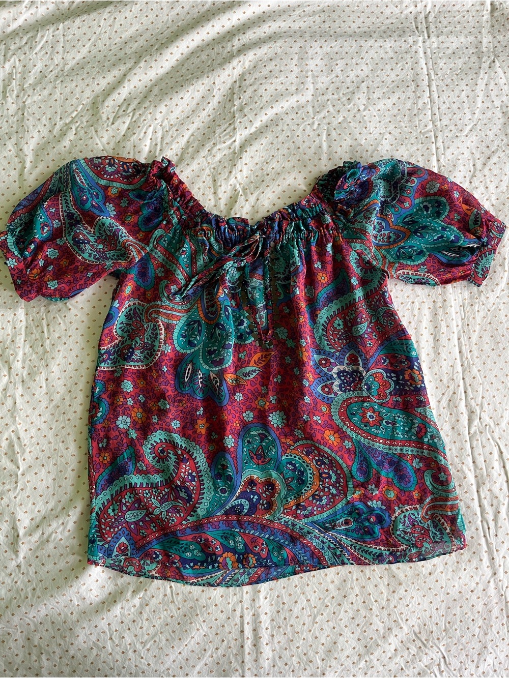 Sheer 100% Silk Paisley Babydoll Blouse with Keyhole Collar & Puff Sleeves, XS